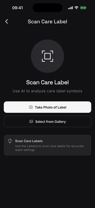 The Laundry Master app's Scan Care Label screen in dark mode, offering to photograph a care label or choose an existing photo